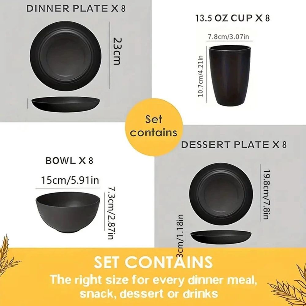 Plates and Bowls Sets, 16Pcs Dishes Set, Camping Dishes, Plastic Plates Reusable, Dishware, Outdoor plates, Lightweight Kitchen Accessories, Microwavable Dishwasher Safe for Kitchen, Camping, Black