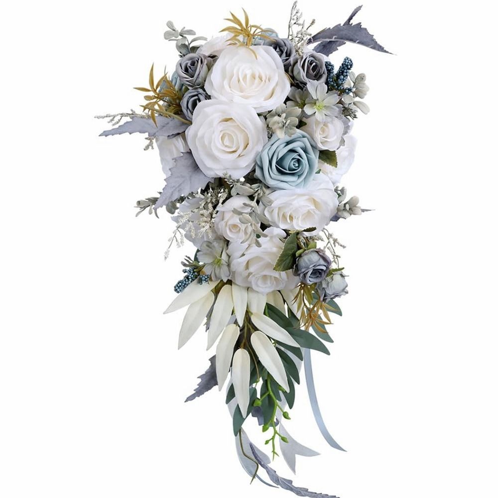 Wedding Bouquets for Bride Artificial Silk Rose Bouquets, Champagne Grey Blue Cascading Floral Design for Bridal & Bridesmaid Handheld Flower Arrangements White