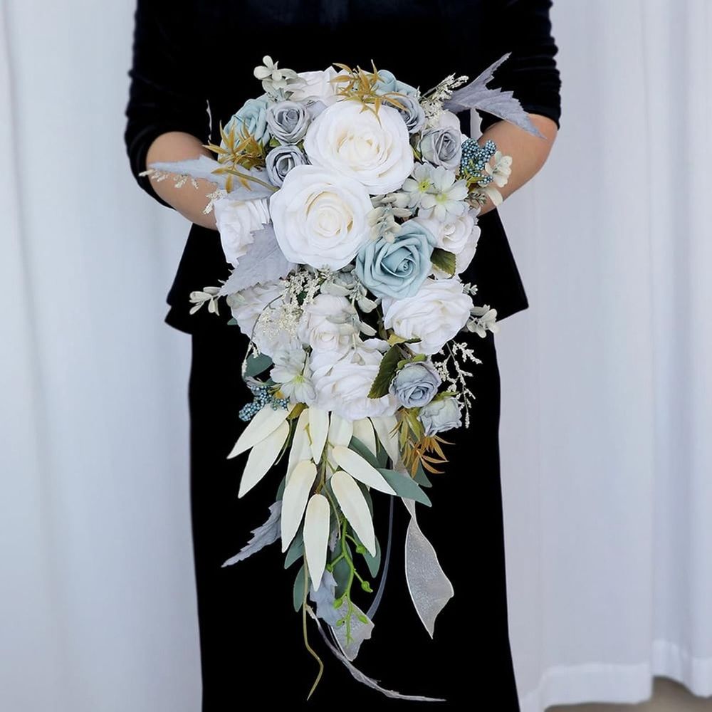 Wedding Bouquets for Bride Artificial Silk Rose Bouquets, Champagne Grey Blue Cascading Floral Design for Bridal & Bridesmaid Handheld Flower Arrangements White