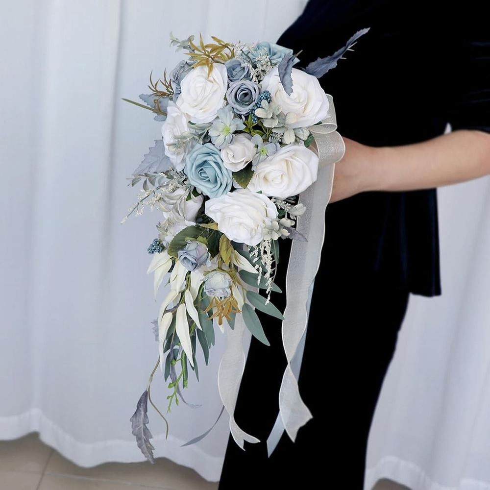 Wedding Bouquets for Bride Artificial Silk Rose Bouquets, Champagne Grey Blue Cascading Floral Design for Bridal & Bridesmaid Handheld Flower Arrangements White