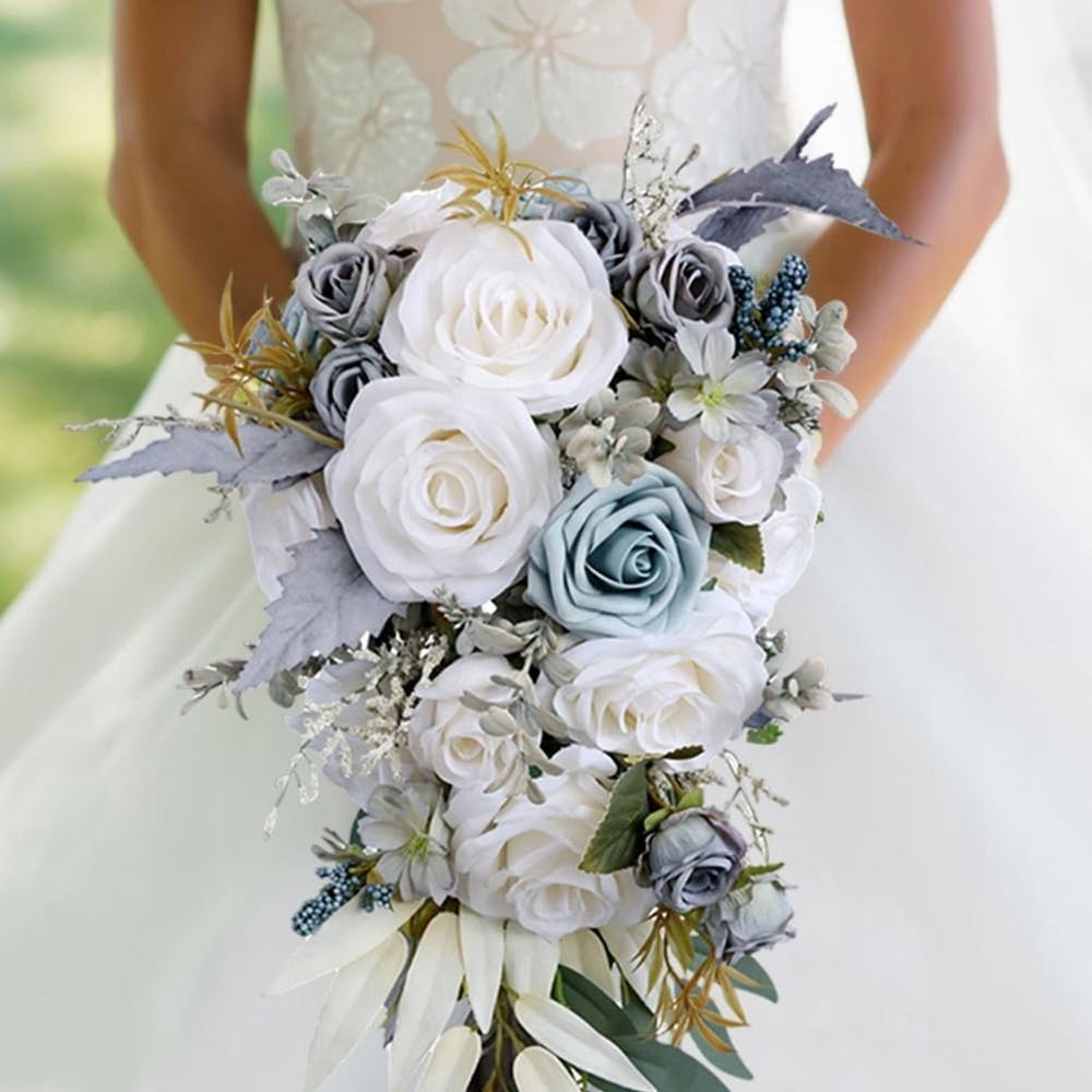 Wedding Bouquets for Bride Artificial Silk Rose Bouquets, Champagne Grey Blue Cascading Floral Design for Bridal & Bridesmaid Handheld Flower Arrangements White