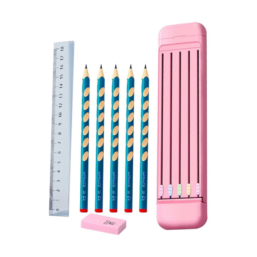 Compact ABS All-In-One Stationery Kit Including Graphite Pencils, Eraser & Straight Ruler Portable Writing Supply Set