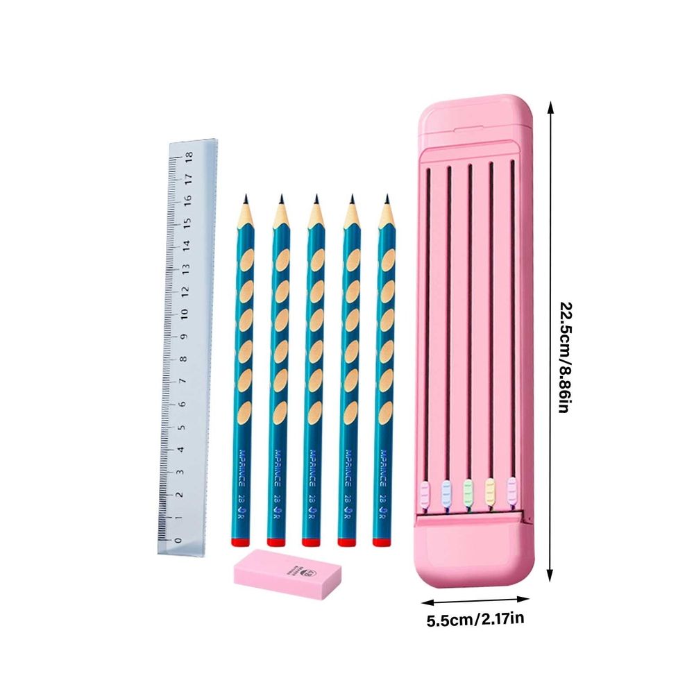 Compact ABS All-In-One Stationery Kit Including Graphite Pencils, Eraser & Straight Ruler Portable Writing Supply Set
