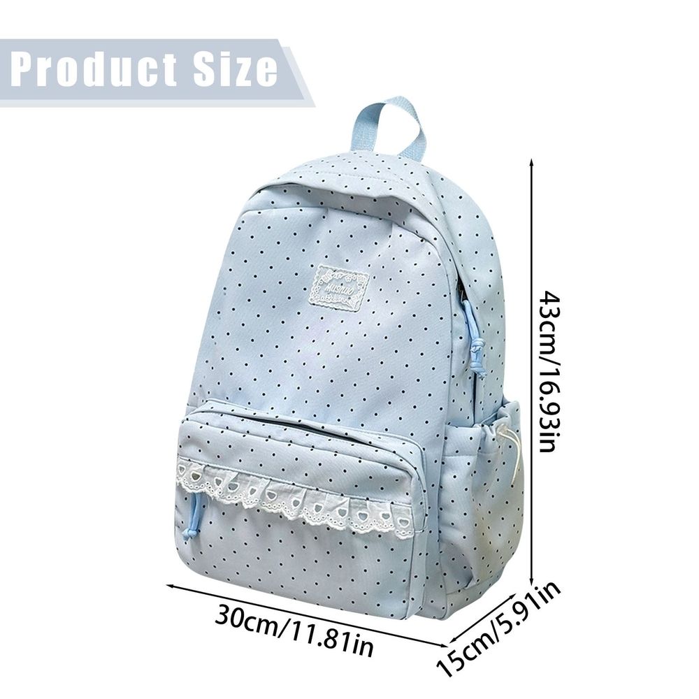 1Pcs 16.93in Cute Polka Dot Coquette Aesthetic Backpack, Lace Trim Water Resistant Nylon Daypack, Adjustable Strap Large Capacity Book Bag For Casual Daily Carry & Short Travel
