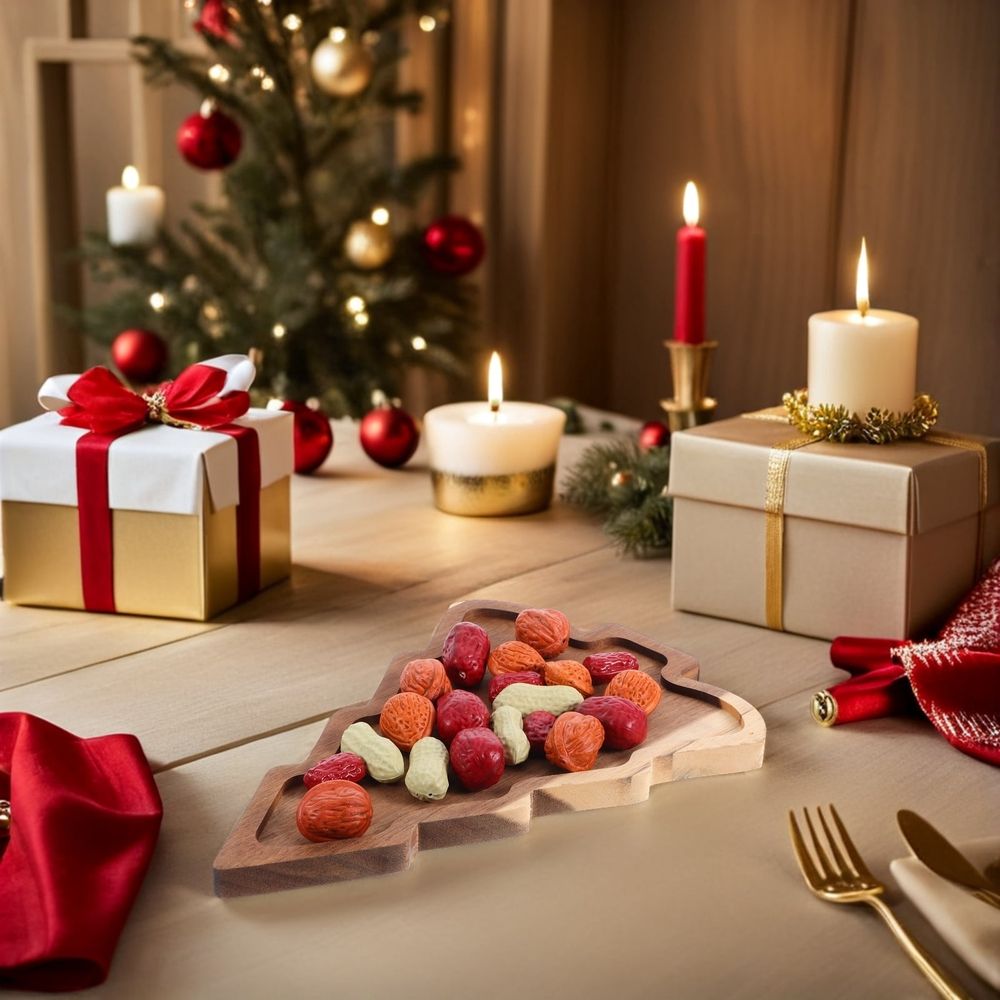 Brown Wooden Christmas Tree Serving Platter with Festive Holiday Design for Seasonal Parties and Family Celebrations