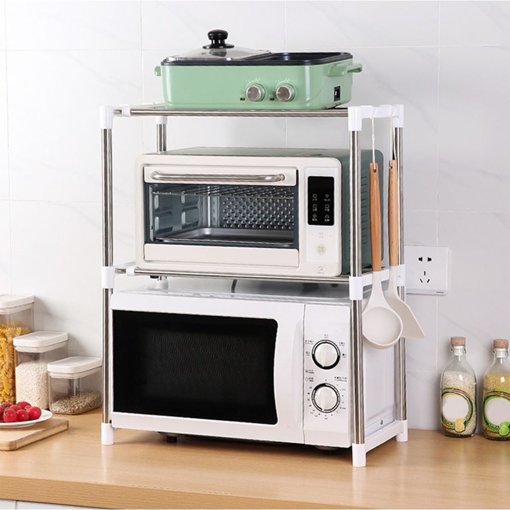 Expandable Microwave Rack, 2 Tier Microwave Oven Rack, Kitchen Countertop Organizer with Hooks, Space Saving Microwave Stand for Kitchen Storage, Double Layer Microwave Shelf
