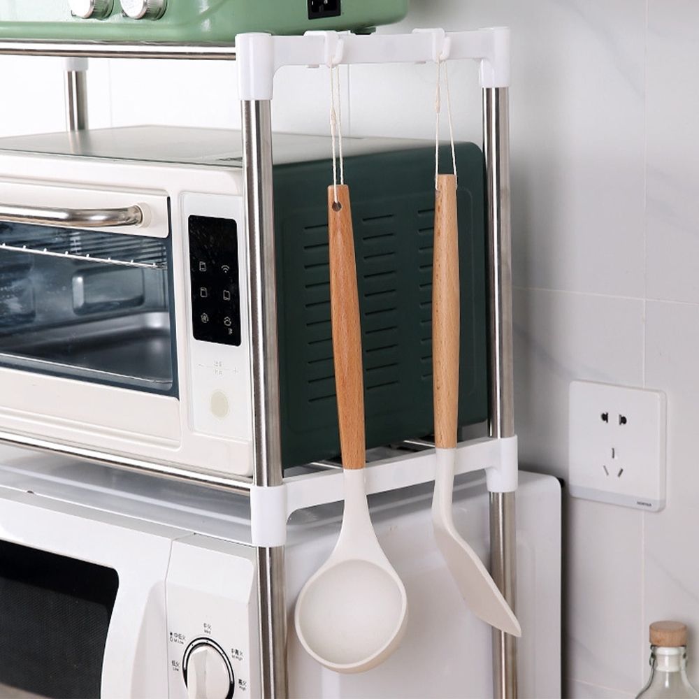 Expandable Microwave Rack, 2 Tier Microwave Oven Rack, Kitchen Countertop Organizer with Hooks, Space Saving Microwave Stand for Kitchen Storage, Double Layer Microwave Shelf