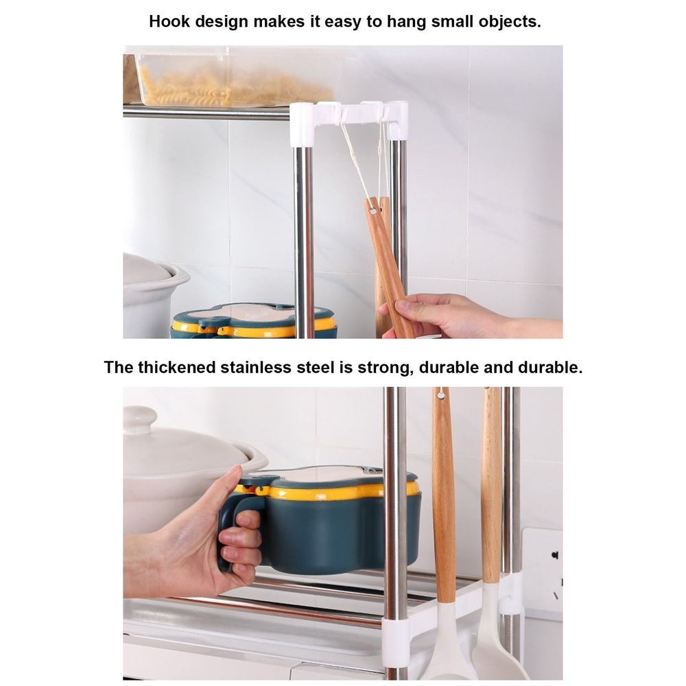 Expandable Microwave Rack, 2 Tier Microwave Oven Rack, Kitchen Countertop Organizer with Hooks, Space Saving Microwave Stand for Kitchen Storage, Double Layer Microwave Shelf