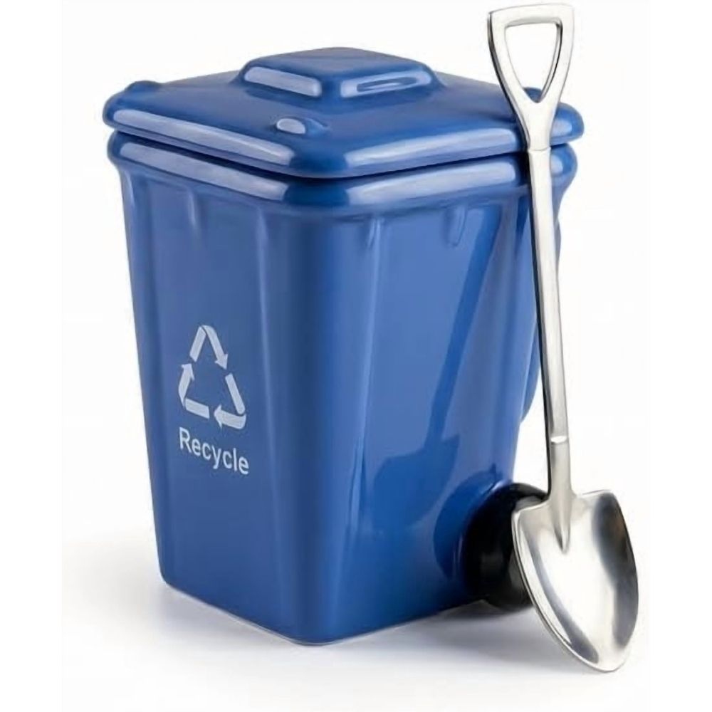 Funny Trash Can Ceramic Coffee Mug with Lid, Novelty Garbage Can Tea Cup Set Includes Shovel Spoon, Quirky Office Desk Drinkware, Creative Gag Gift for Coworker White Elephant Exchange