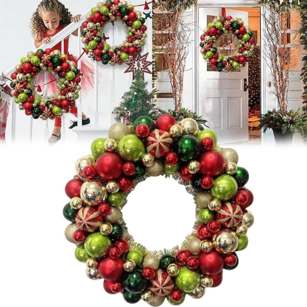 Christmas Wreath 16" Xmas Wreaths Ornaments Glitter Thicken Garland Decoration Red And Green Ornament Wreath With Decoration For Door Wall Mantel Holiday Decor
