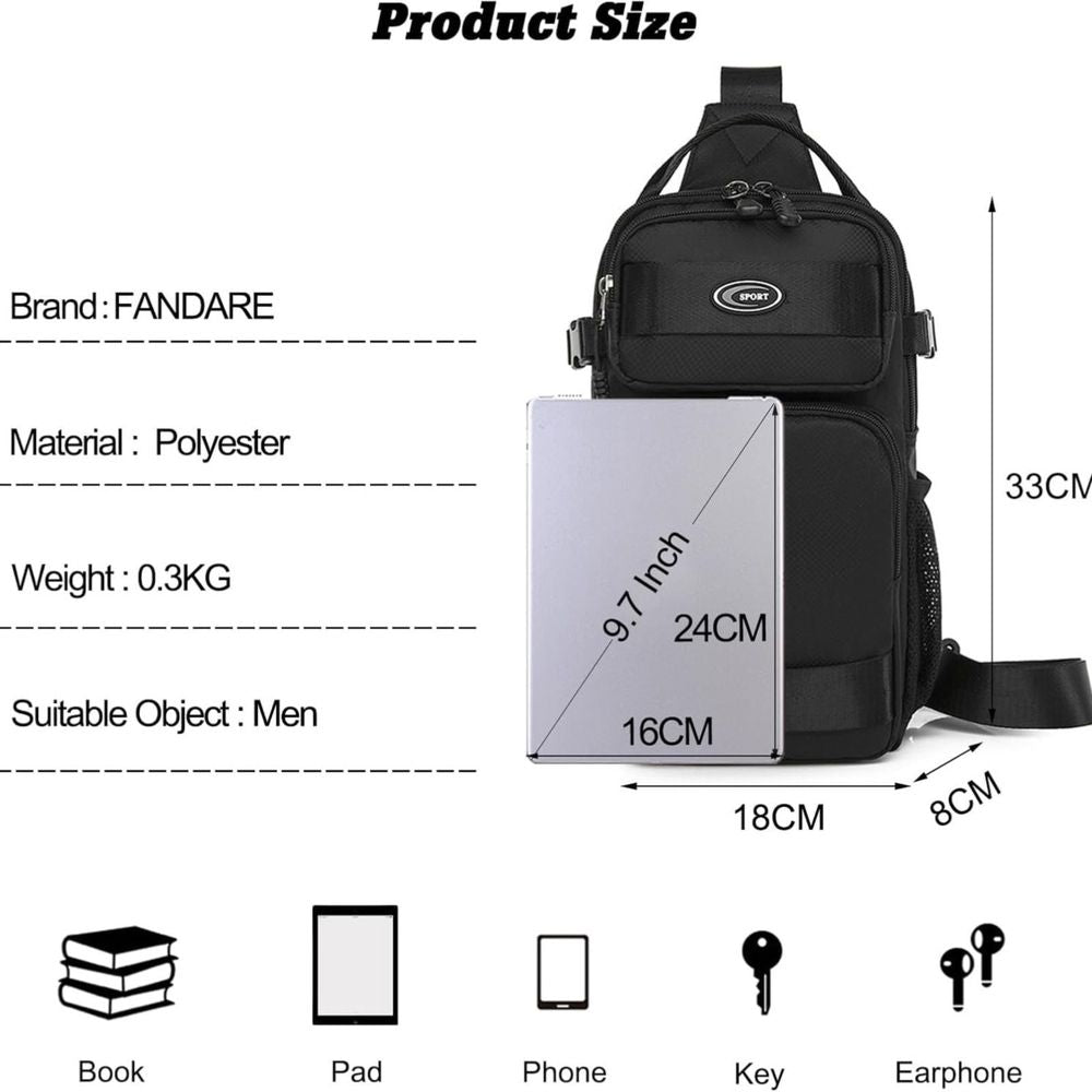 EDC Sling Bag Crossbody Backpack Sport Bag Pack Chest Shoulder Bag for Men One Strap Motorcycle for Hiking Walking Biking Travel Cycling with USB Charger Port