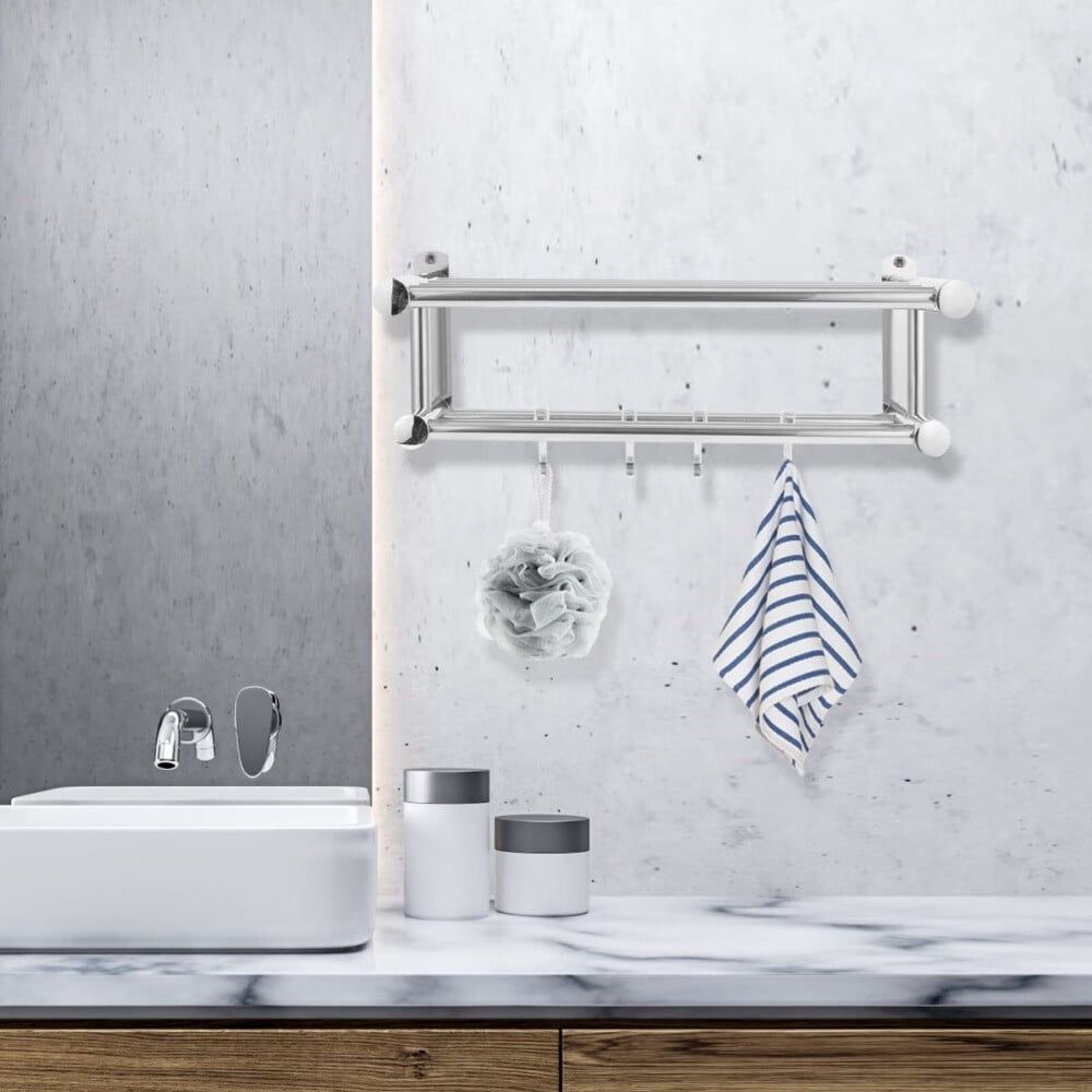Bathroom Towel Rack with,Double Bathroom Towel Rack with Shelf,Wall Mounted Double Towel bar with Shelf Stainless Steel Hotel Bath Rack,Silver