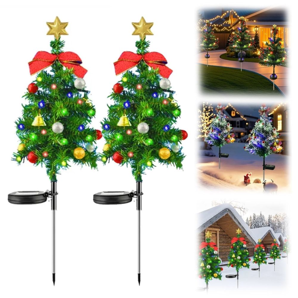 2 Set Solar Christmas Tree Lights Decorations Outdoor Waterproof, LED Lights Christmas Solar Stake Lights Cemetery Christmas Tree for Grave Pathway Outside Garden Yard Lawn