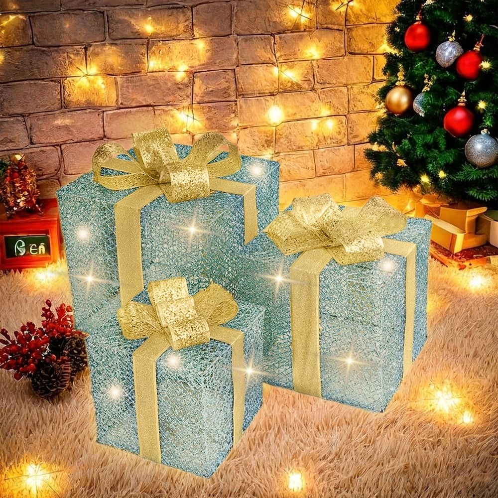 LED Christmas Decorations Set Of 3 Metal Light Up Gift Boxes Outdoor Holiday Decor Battery Operated Waterproof Yard Patio Decorations for Winter Holidays Clearance