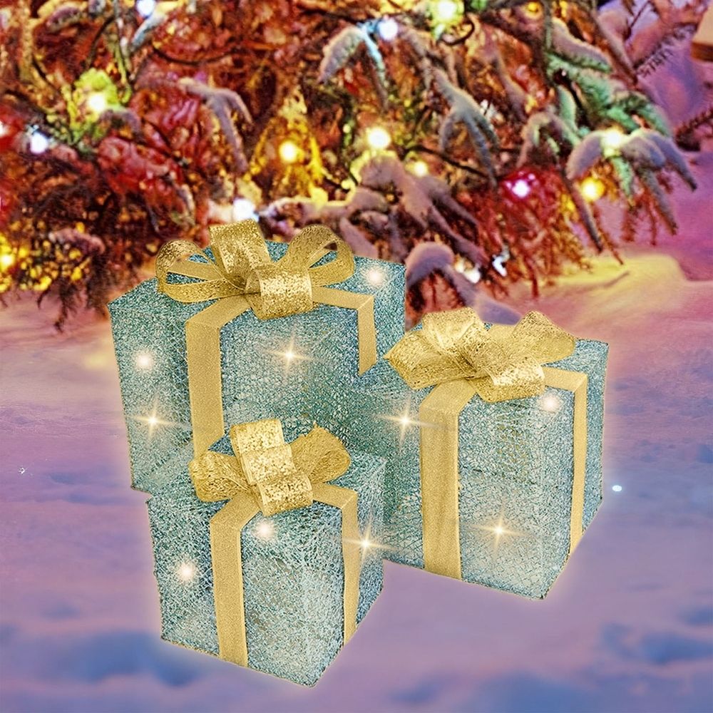 LED Christmas Decorations Set Of 3 Metal Light Up Gift Boxes Outdoor Holiday Decor Battery Operated Waterproof Yard Patio Decorations for Winter Holidays Clearance