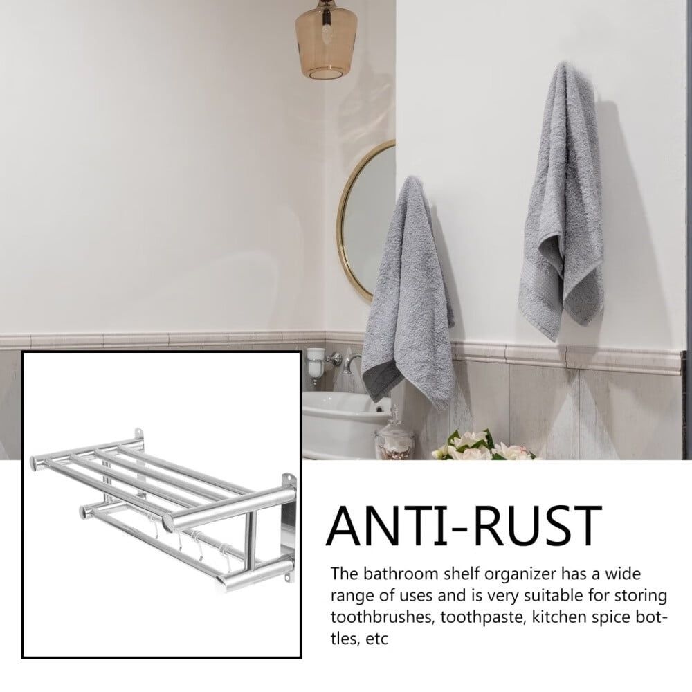 Bathroom Towel Rack with,Double Bathroom Towel Rack with Shelf,Wall Mounted Double Towel bar with Shelf Stainless Steel Hotel Bath Rack,Silver