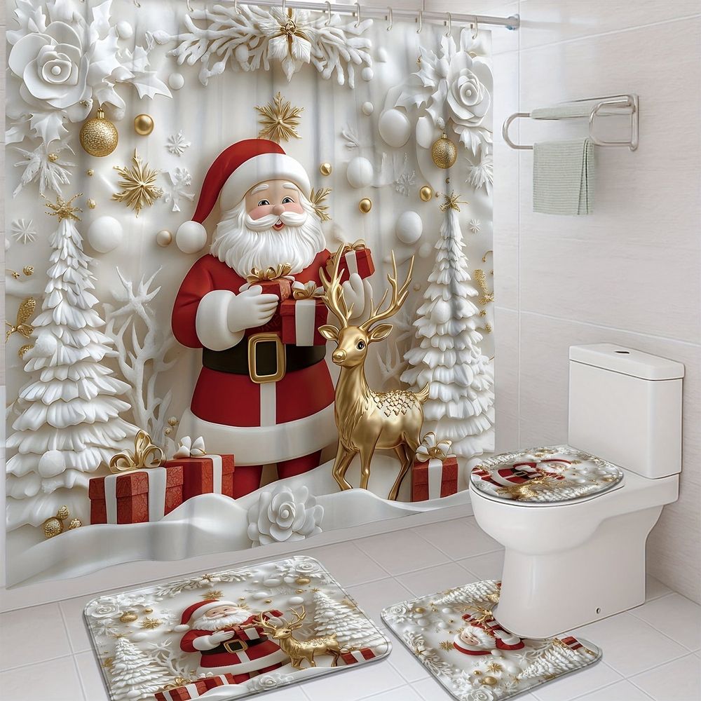 Santa Claus and Reindeer 4 Piece Christmas Bathroom Set – Shower Curtain Toilet Mat 2 Floor Mats Non Slip Waterproof Holiday Decor with Hooks for Festive Bathroom Clearance