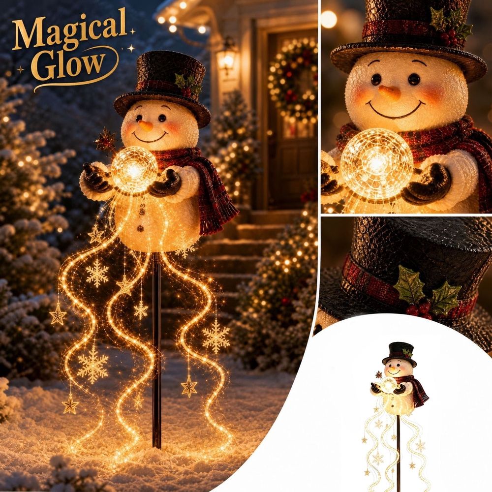 Solar Christmas Snowman Garden Stake Light, Resin Snowman Pathway Decor Lamp with Warm Fairy String Lights, Snowflake & Star Ornaments for Outdoor Yard Lawn Holiday Decoration