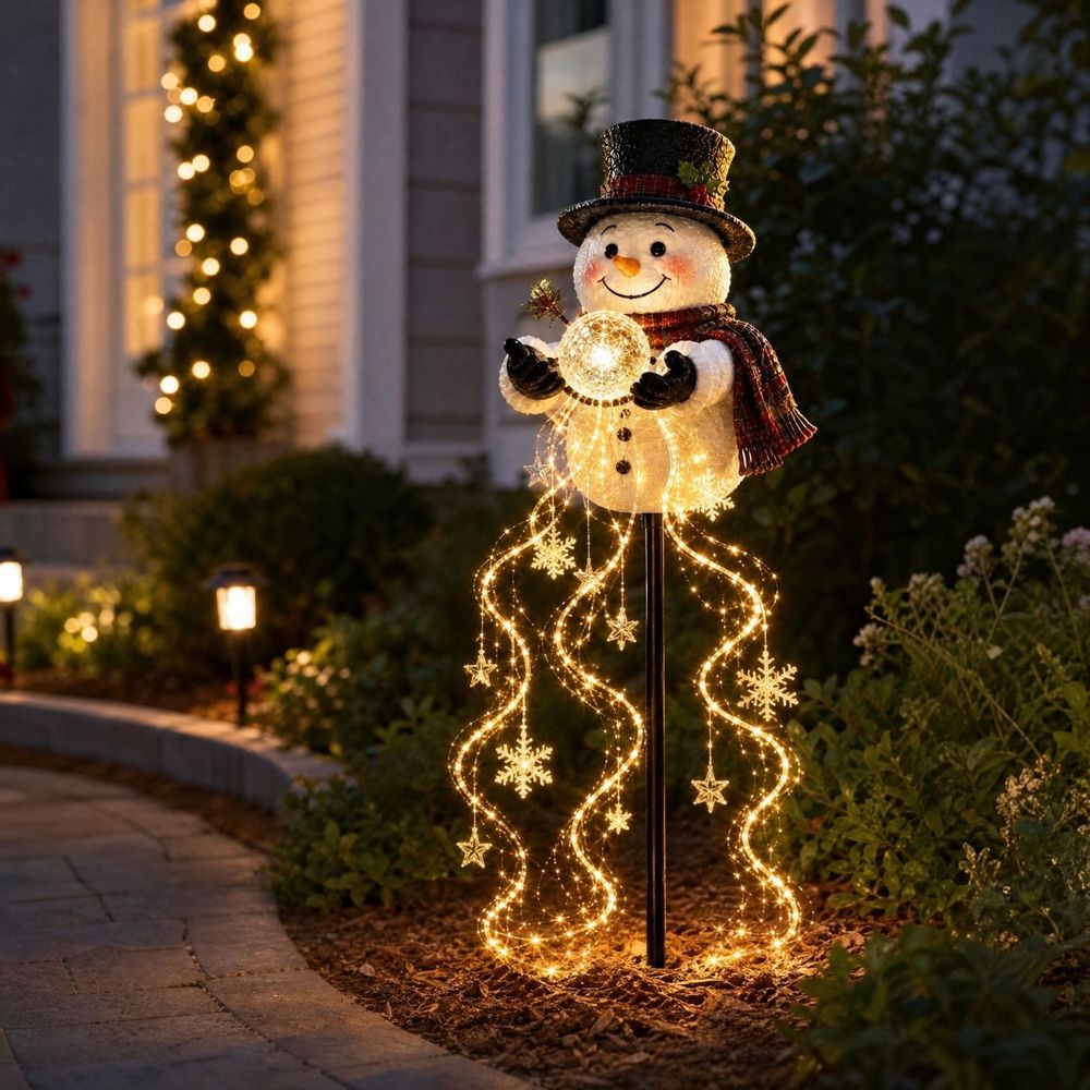Solar Christmas Snowman Garden Stake Light, Resin Snowman Pathway Decor Lamp with Warm Fairy String Lights, Snowflake & Star Ornaments for Outdoor Yard Lawn Holiday Decoration