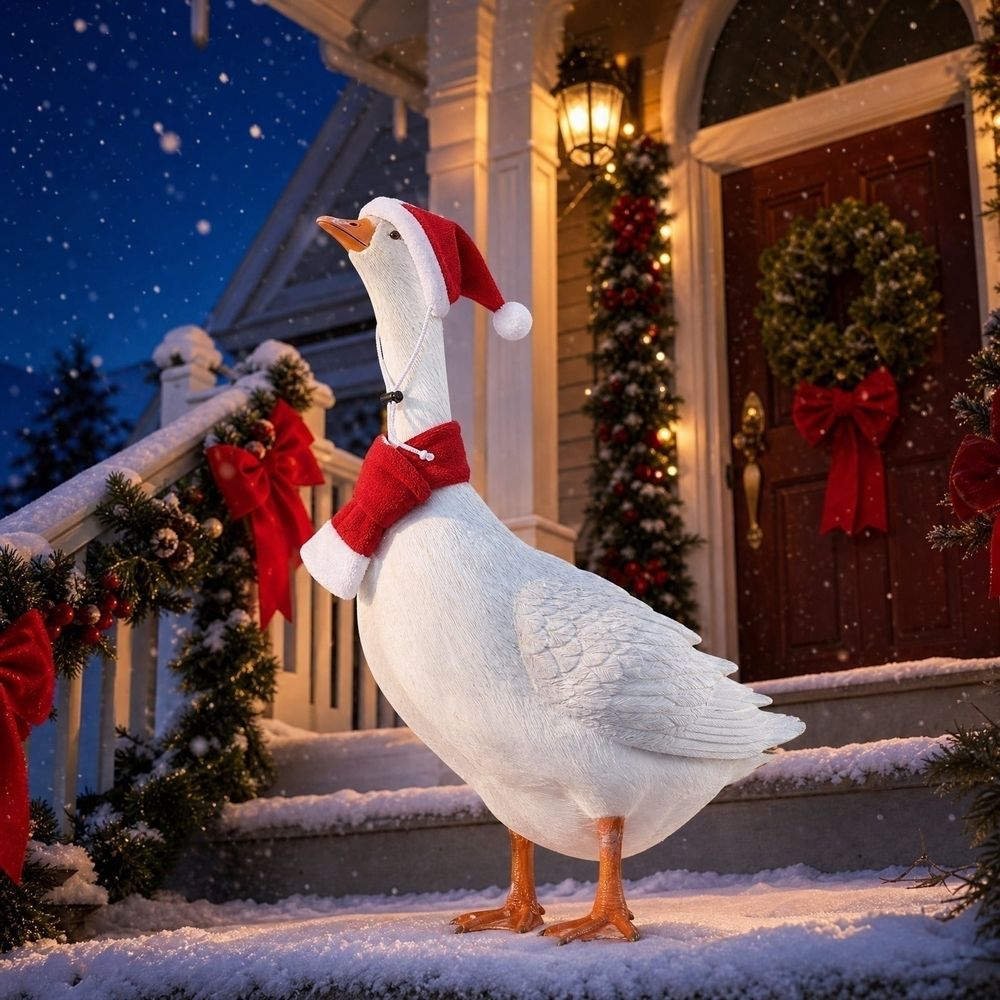 Christmas Porch Goose Outfit, Santa Hat and Scarf Set for Lawn Goose Statue, Holiday Goose Dress Up Accessories for Front Porch Garden Decor