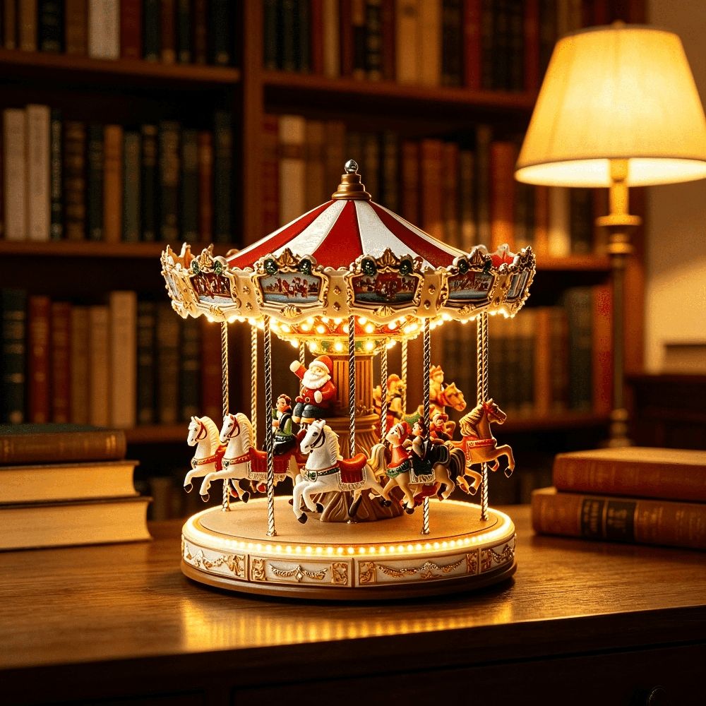 Carousel Music Box, Vintage Christmas Decor 360° Spinning Horses & Santa with Warm LED Lights, Festive Tabletop Holiday Decoration & Gift