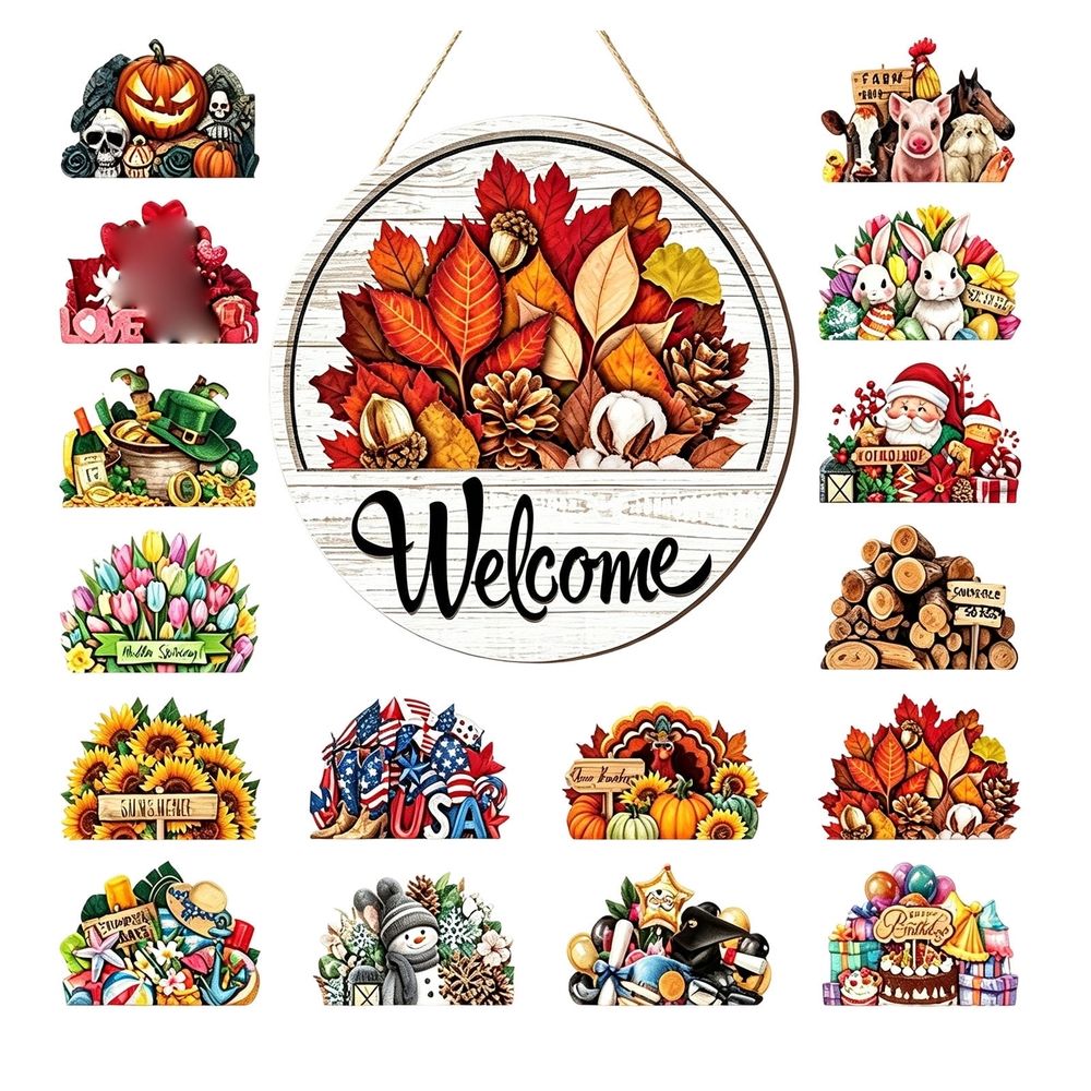 16 Pcs Interchangeable Welcome Sign for Front Door, Space‑Saving Reusable Seasonal Door Decor, Magnetic Interchangeable Inserts for Entryway Porch Home Styling