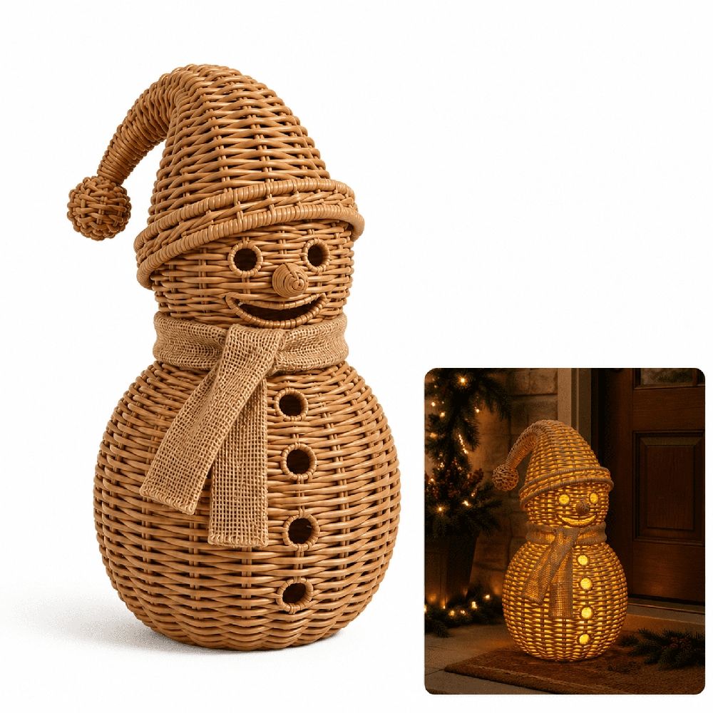 Imitation Rattan Christmas Snowman Figurine, 11.81 × 6.3 In, Vintage Farmhouse Winter Holiday Decor, Statue for Indoor and Outdoor Home Decoration