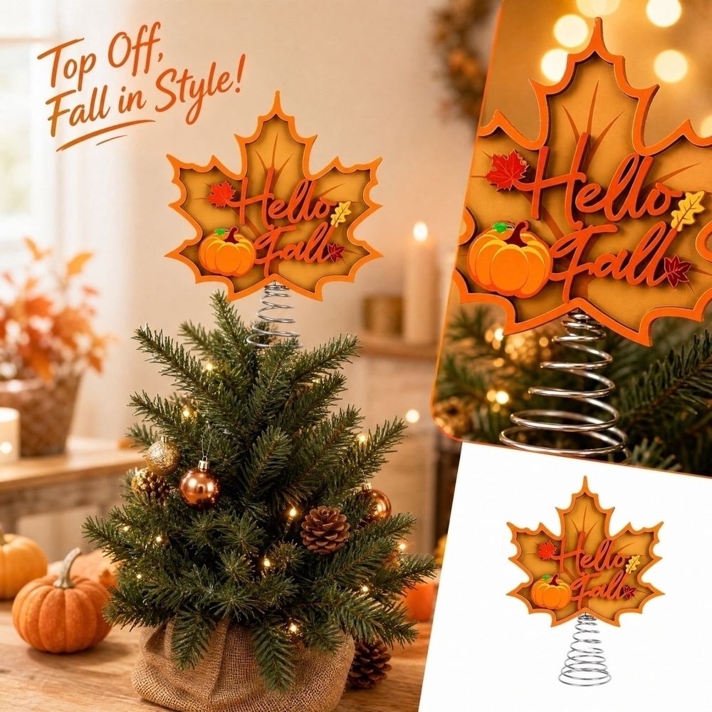 Fall Maple Leaf Tree Topper with Metal Spring Base, Thanksgiving Harvest Pumpkin Leaf Tree Top Ornament, Autumn Desktop Tree Decoration for Windowsill Table Centerpiece Party Decor