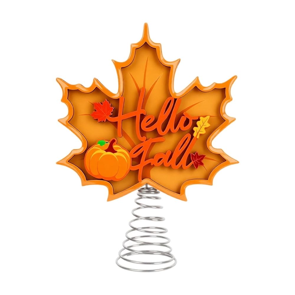 Fall Maple Leaf Tree Topper with Metal Spring Base, Thanksgiving Harvest Pumpkin Leaf Tree Top Ornament, Autumn Desktop Tree Decoration for Windowsill Table Centerpiece Party Decor