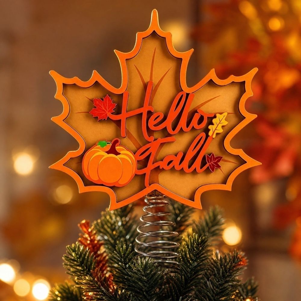 Fall Maple Leaf Tree Topper with Metal Spring Base, Thanksgiving Harvest Pumpkin Leaf Tree Top Ornament, Autumn Desktop Tree Decoration for Windowsill Table Centerpiece Party Decor
