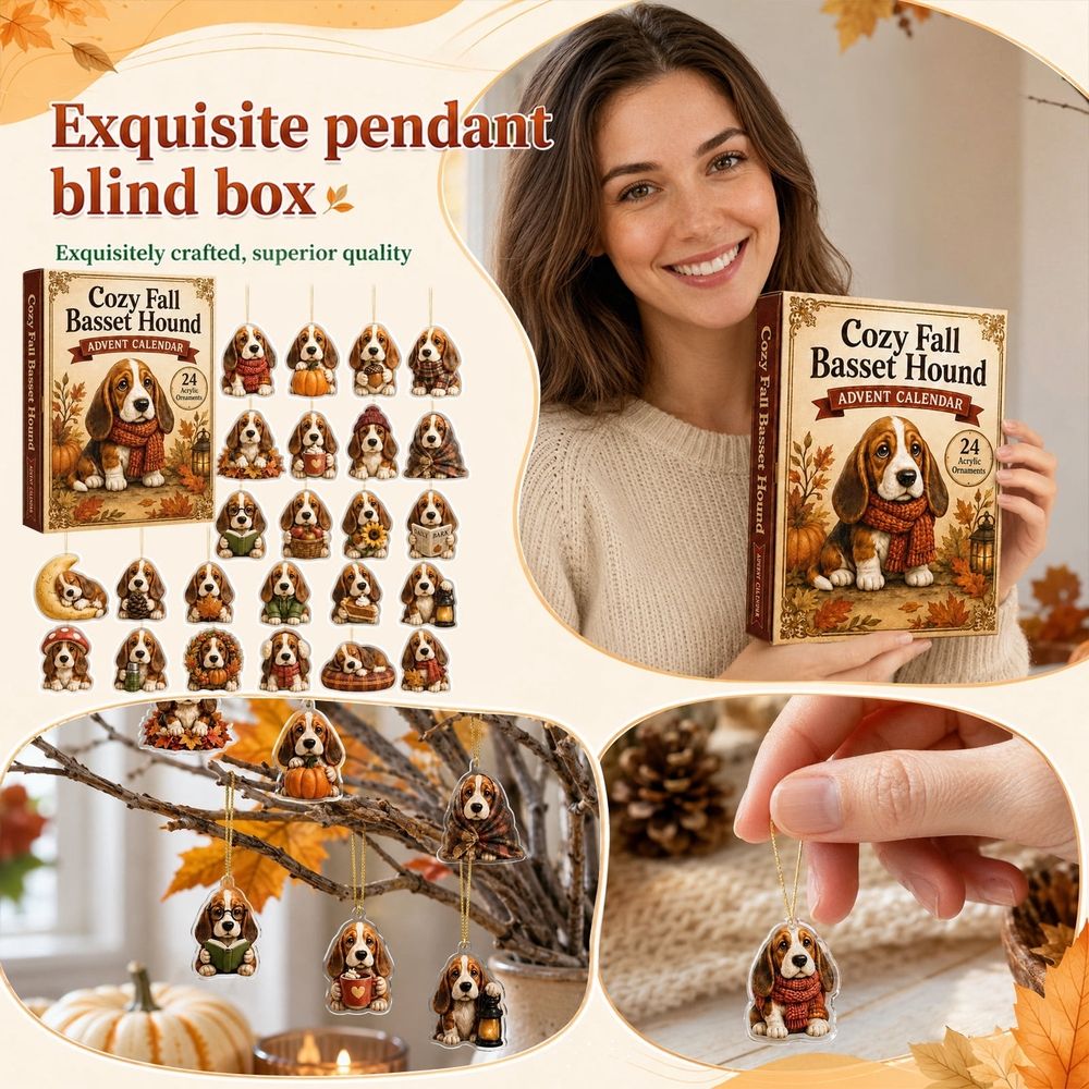 Cozy Fall Basset Hound Advent Calendar, 24‑Day Countdown with 24Pcs 2D Double‑Sided Acrylic Hanging Ornaments, Vintage Autumn Dog Themed Christmas Tree Decor Surprise Gift for Family