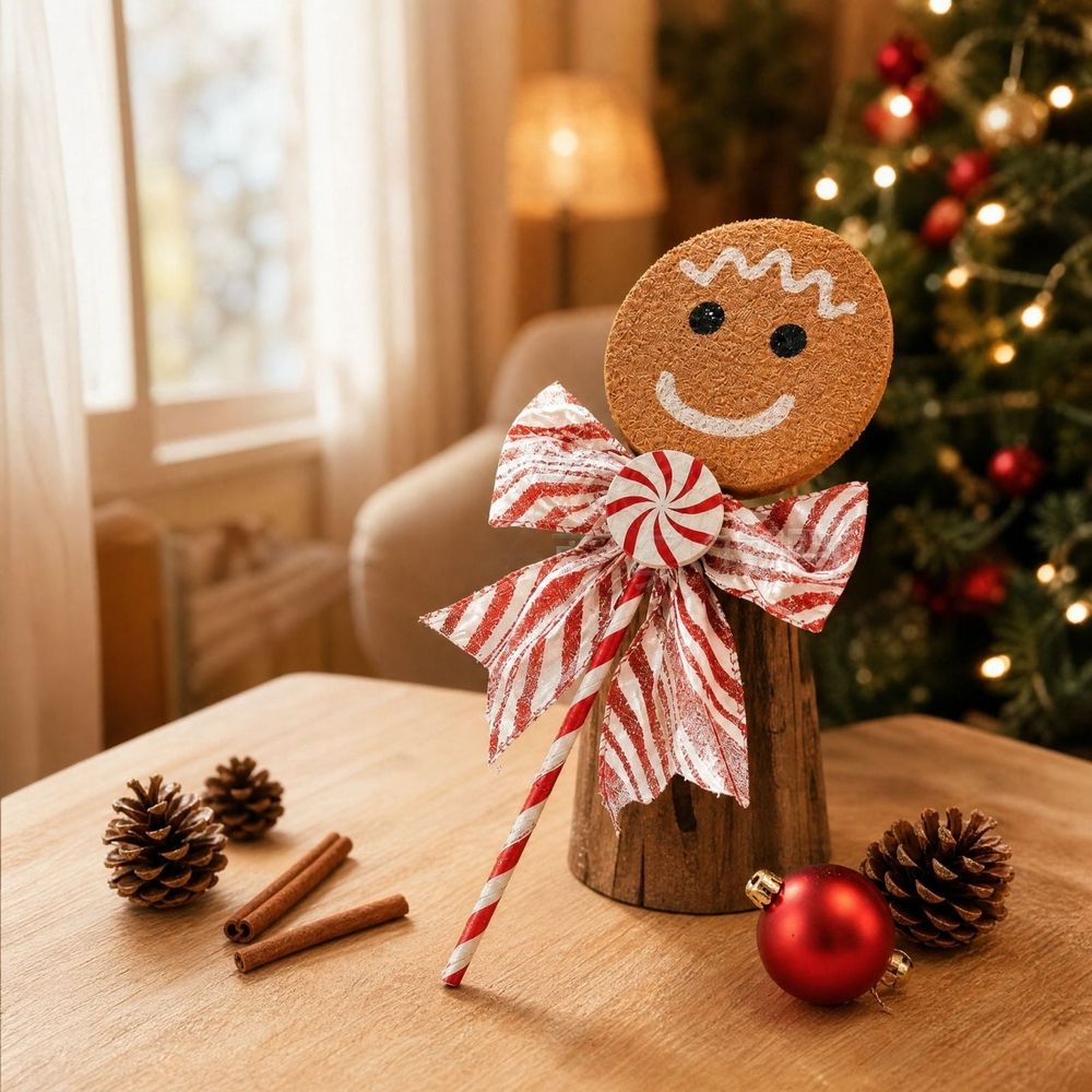 Large Christmas Gingerbread Lollipop Hanging Ornament, Plastic Xmas Tree Decor with Bow, Festive Holiday Party Display and Gift