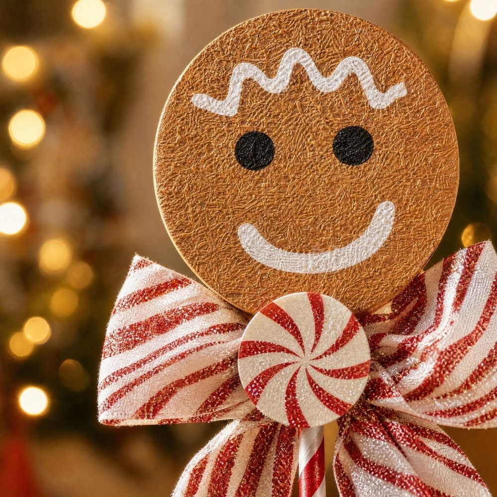 Large Christmas Gingerbread Lollipop Hanging Ornament, Plastic Xmas Tree Decor with Bow, Festive Holiday Party Display and Gift