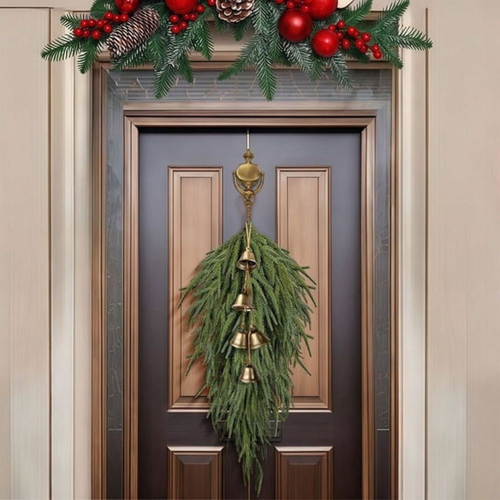 2 Pcs Norfolk Pine Christmas Swag with Bell,23.6inch Norfolk Pine Teardrop Swag,Christmas Teardrop Wreath for Door Window Mantle Fireplace Indoor Outdoor Home Decorv