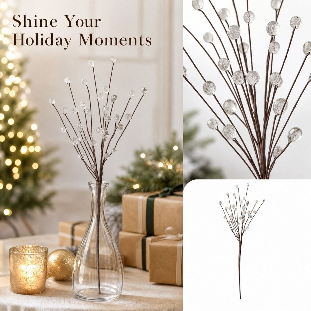 Crystal Christmas Tree Picks, 8 Pack 11.8 Inch Clear Acrylic Bead Branch Sprays, Bendable Stems Sparkling Berry Ornaments for Christmas Tree, Wreath, Centerpiece Winter Holiday Home Decor