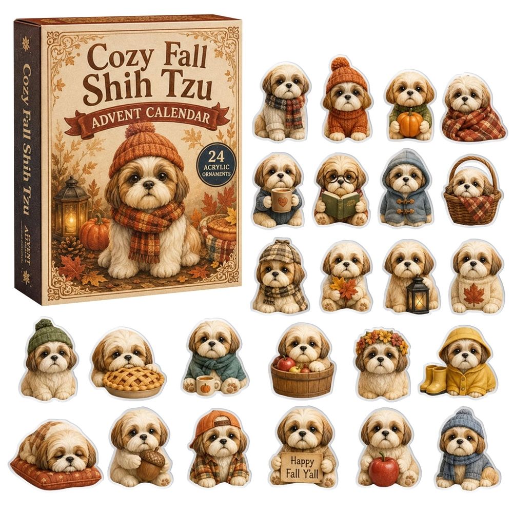 Cozy Fall Shih Tzu Advent Calendar 2026, 24 Days 2D Acrylic Dog Ornaments Countdown Calendar, 24Pcs Flat Autumn Shih Tzu Hanging Decorations for Xmas Tree Dog Lovers Gift