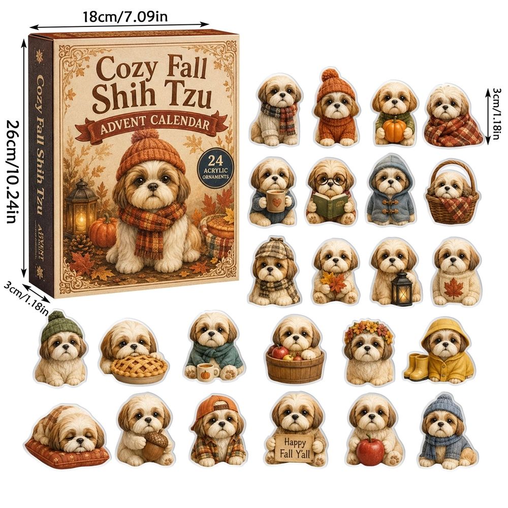Cozy Fall Shih Tzu Advent Calendar 2026, 24 Days 2D Acrylic Dog Ornaments Countdown Calendar, 24Pcs Flat Autumn Shih Tzu Hanging Decorations for Xmas Tree Dog Lovers Gift