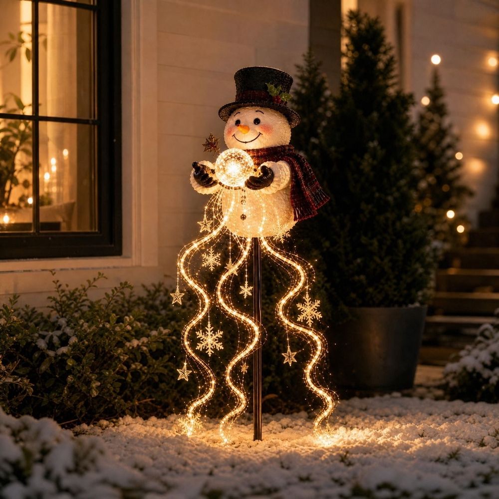 Snowman Magic Fountain Garden Light, Flowing Snowflake LED Christmas Stake Light, Solar Power and Outdoor Garden Stake for Christmas Yard Decor 1pcs