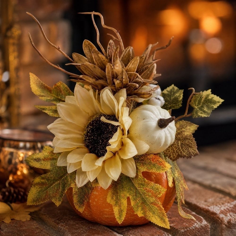 Halloween Pumpkin Decor - Large Foam Jack-O-Lantern with Maple Leaf & Sunflower Accents for Fall Home Decor, Office Desk or Retail Display