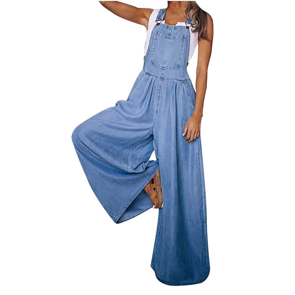 Women's Casual Loose Denim Overalls Adjustable Strap Wide Leg Bib Jean Overalls Jumpsuit with Pockets
