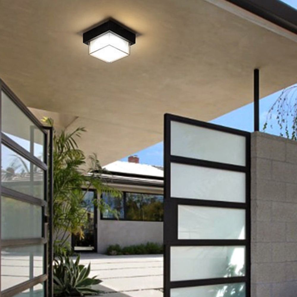 Black Square Small Led Porch Light, LED Outdoor Porch Ceiling Light Fixture, Outdoor Ceiling Flushs Mount Hanging Modern Light Fixture, Modern Waterproof Outdoor Wall Mount Lighting