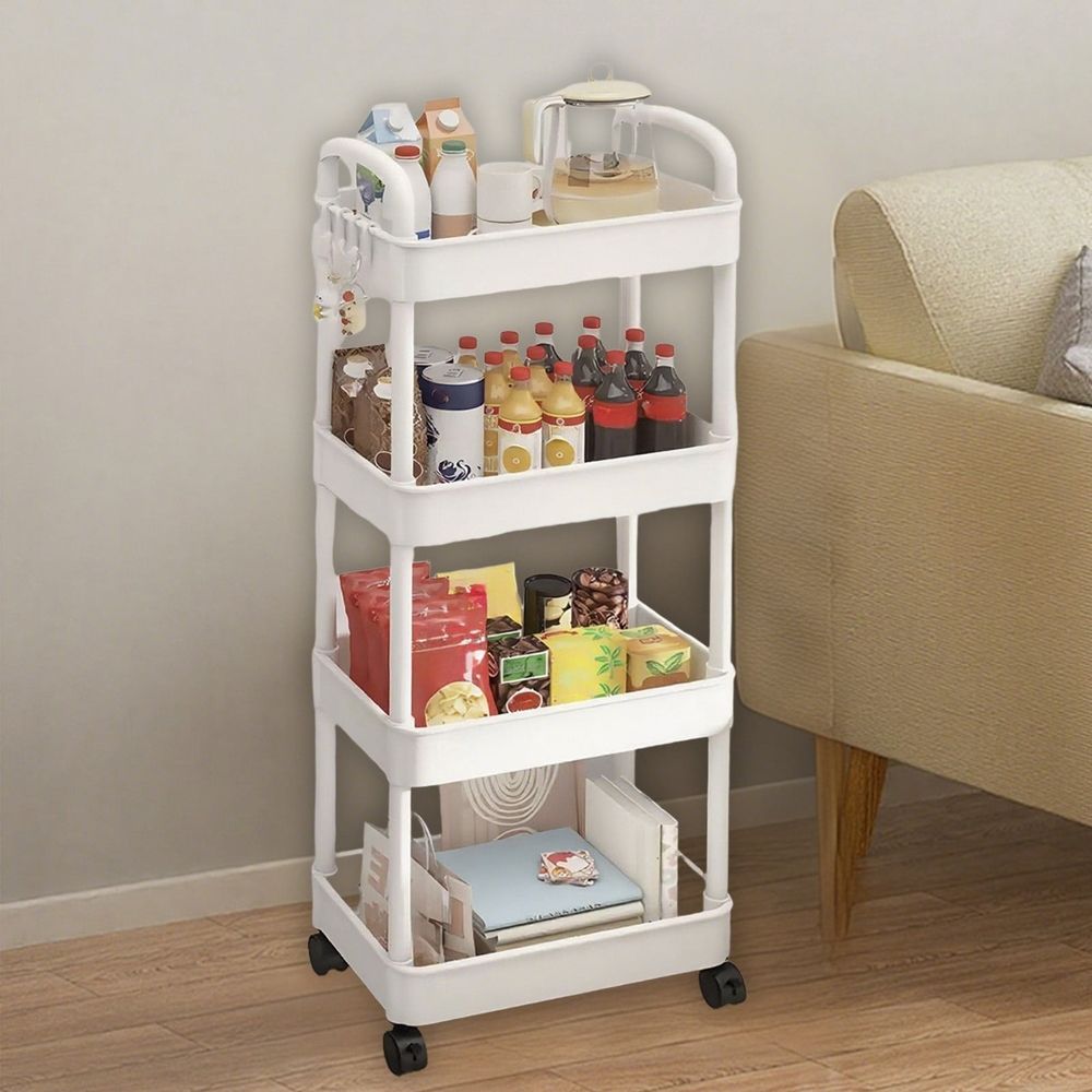 4-Tier Rolling Storage Cart with Armrests - Multi-Purpose Kitchen, Bathroom & Living Room Organizer - Shelving Unit with Wheels