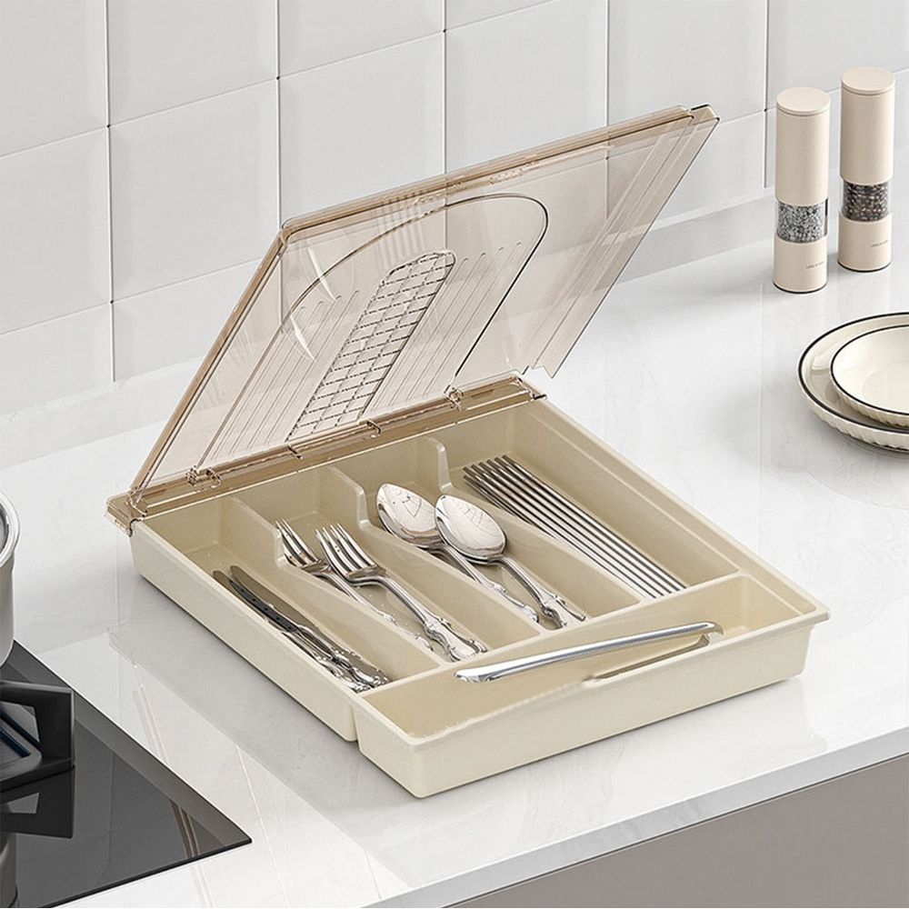 Flatware Storage Tray with Lid,11x13Inch Kitchen Drawer Organizer Tray with 5 Compartments,Storage Holders for Countertop,Multi Functional and Space Saving,Suitable for Holding Cutlery