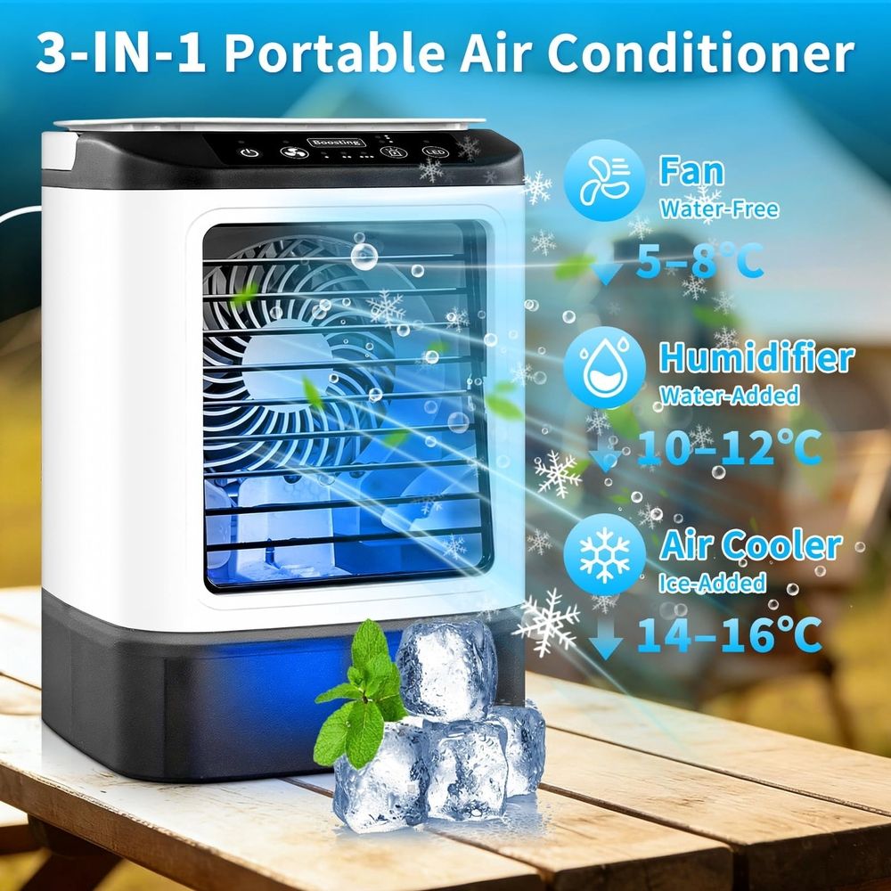 Portable Evaporative Air Cooler Fan with Spray Function and Ice Box Personal Desktop Cooling Unit with Water Tank