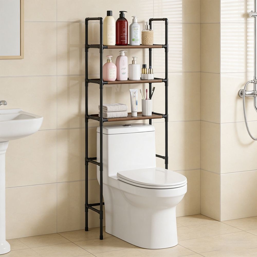 3-Tier Over Toilet Storage Rack, Bathroom Organizer Shelf with Toiletries, Towels, Shampoo, Durable Space-Saving Stand, Black 61x18.5x9.84in