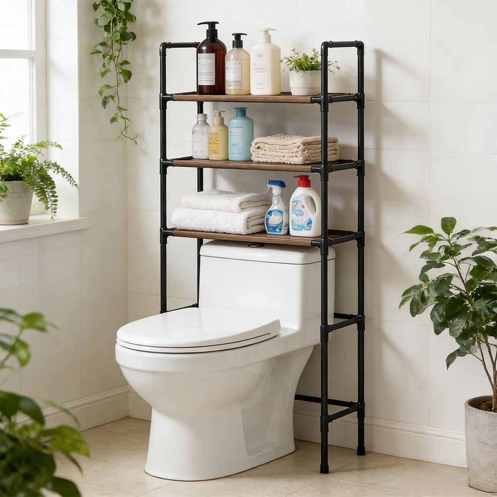 3-Tier Over Toilet Storage Rack, Bathroom Organizer Shelf with Toiletries, Towels, Shampoo, Durable Space-Saving Stand, Black 61x18.5x9.84in