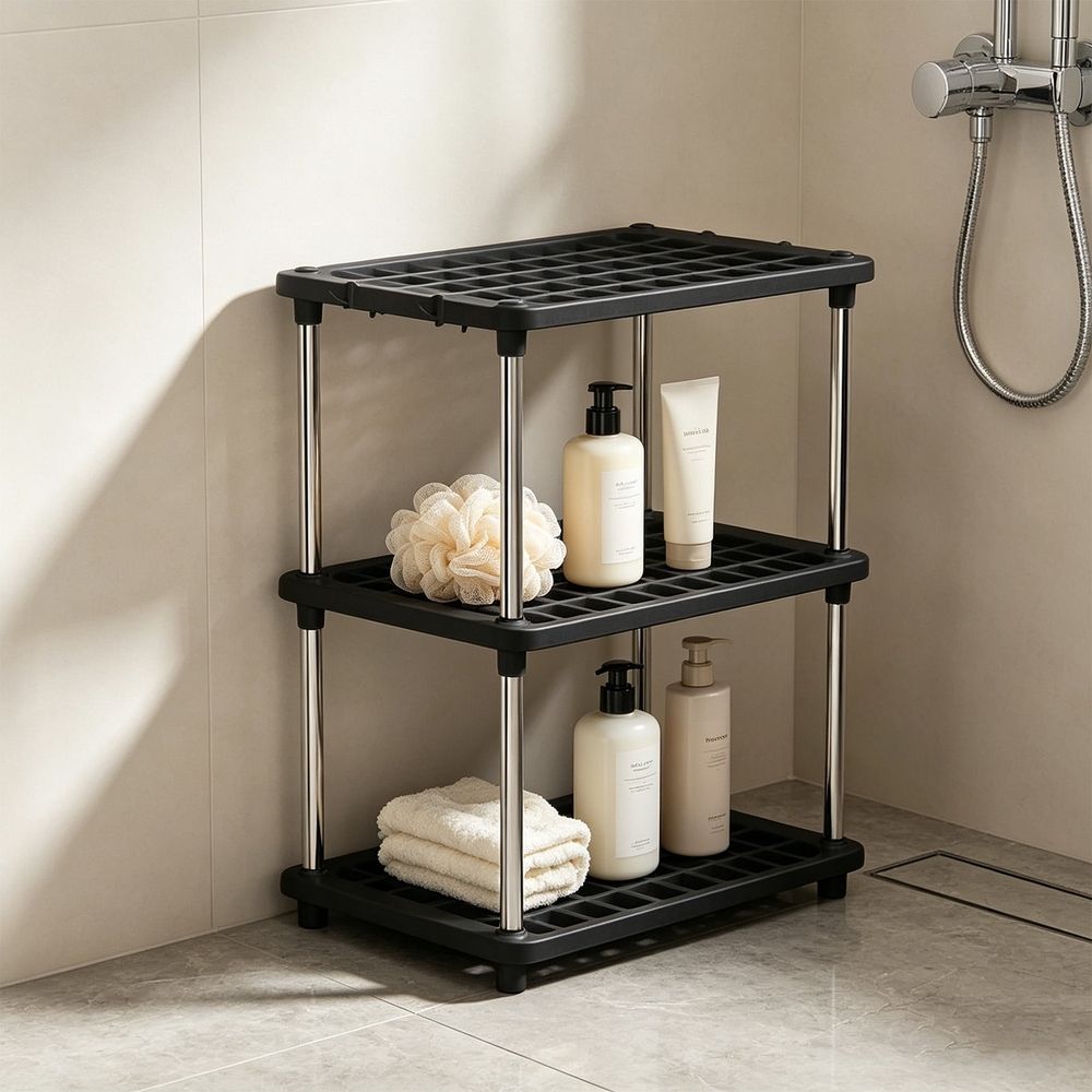 Utility rack, shelf unit, 3 tier heavy duty storage shelf, stable structure, for kitchen bathroom pantry laundry room organization