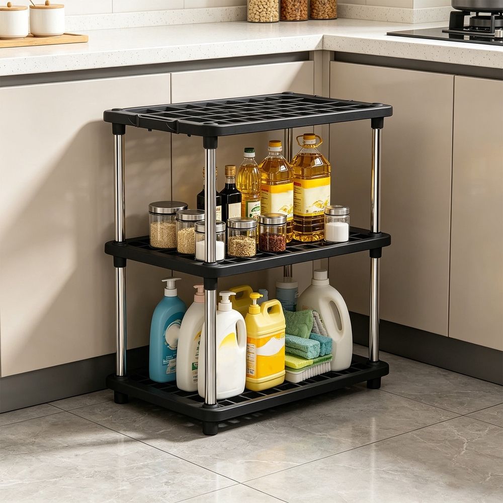 Utility rack, shelf unit, 3 tier heavy duty storage shelf, stable structure, for kitchen bathroom pantry laundry room organization