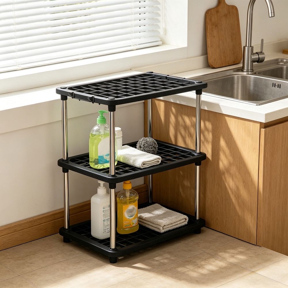 Utility rack, shelf unit, 3 tier heavy duty storage shelf, stable structure, for kitchen bathroom pantry laundry room organization