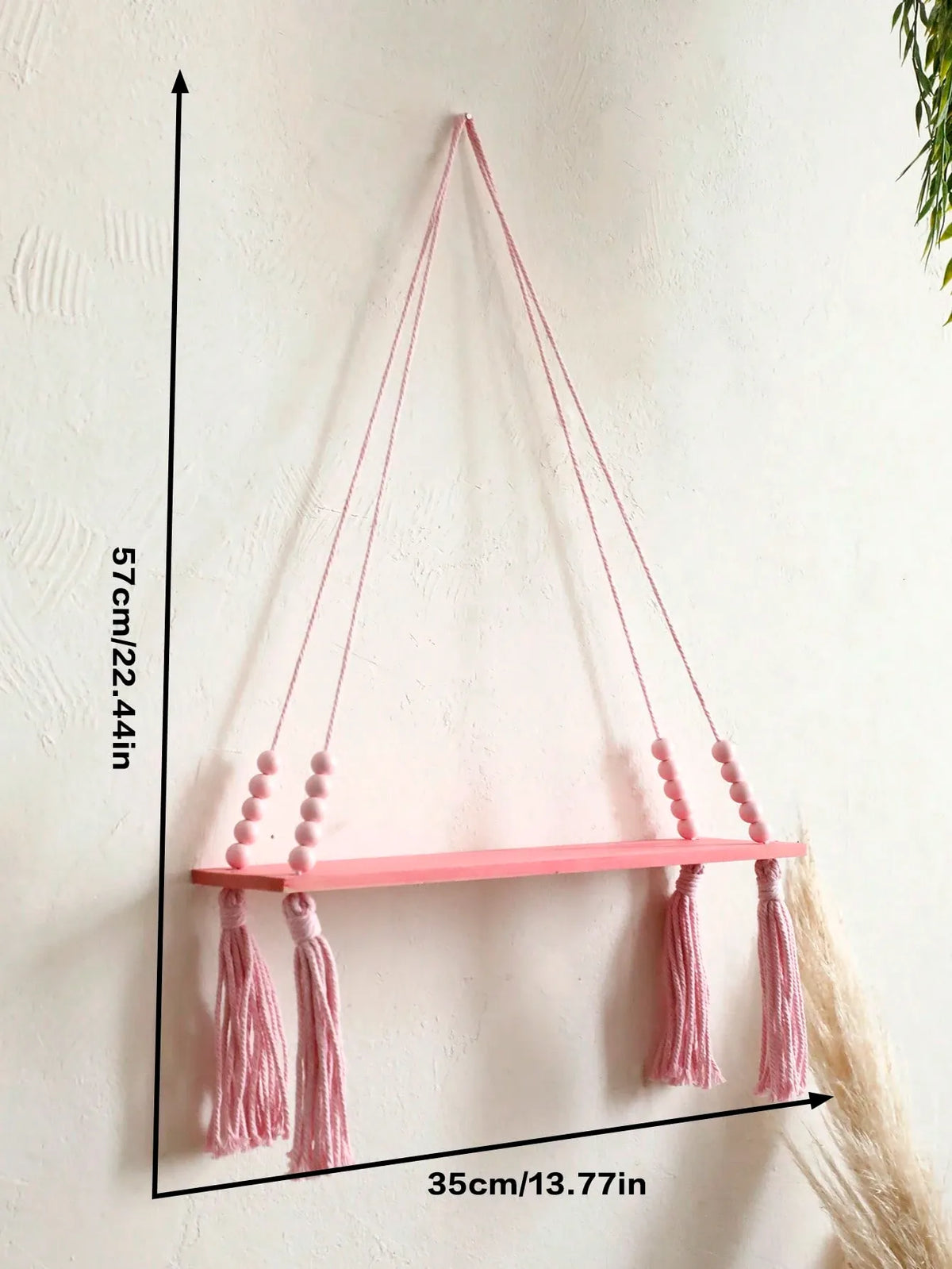 1Pcs Bohemian Pink Hanging Shelf with Tassels – Decorative Wood Wall Mounted Floating Shelf for Bedroom, Living Room, Cute Boho Organizer for Plants, Toys, Accessories